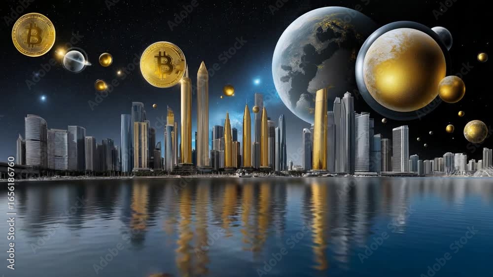 Futuristic city skyline with crypto coins orbiting above