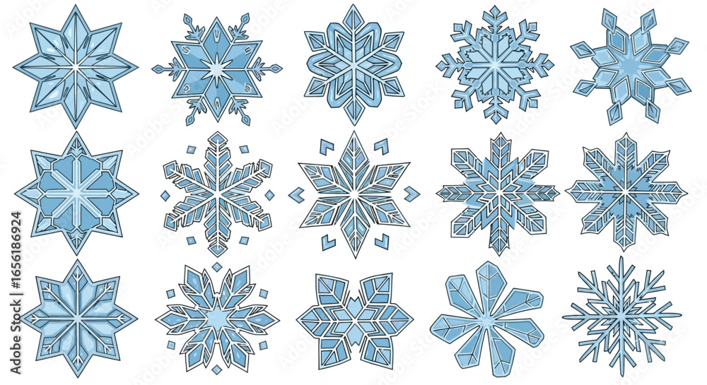 Fototapeta premium Vector collection of intricate blue crystal snowflakes for winter holiday design. Vctr (203).eps isolated set.