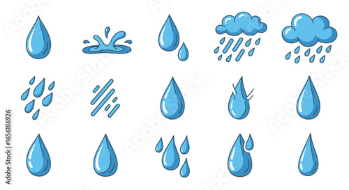 Water Drop Icons Cartoon Style Rain, Splash, and Drizzle Illustrations