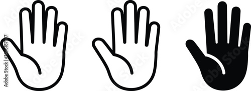 Three Hand Icons, Palm Showing, Outline and Solid Fill, Isolated on White