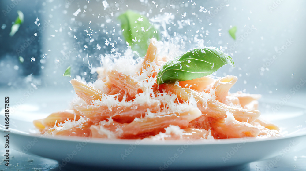 Creamy pink vodka sauce coats al dente penne pasta steam rises from the artfully plated dish garnished with fresh basil and grated parmesan set against a clean white background Creamy pink vodka sauce coats al dente penne pasta steam rises from the artfully plated dish garnished with fresh basil and grated parmesan set against a clean white background