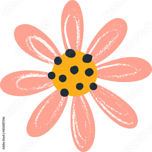 Pink daisy flower featuring a vibrant yellow and black center, showcasing a textured, hand drawn design that brings a cheerful and artistic touch to botanical illustrations