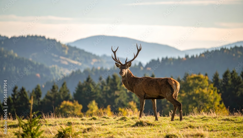 Fototapeta premium Majestic stag surveys wooded hills