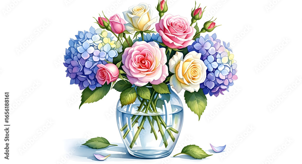 Obraz premium A beautiful arrangement of colorful roses and hydrangeas in a clear glass vase with scattered petals