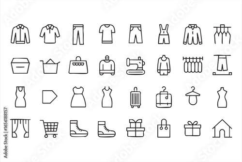 Clothing retail and garment workshop icons set in line style