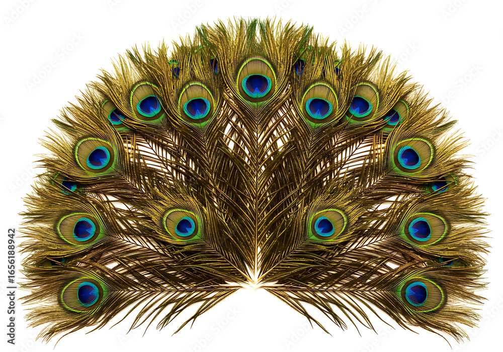 Obraz premium Arrangement of peacock feathers displays vibrant colors and intricate patterns on a white surface, showcasing nature's artistry and exotic beauty.