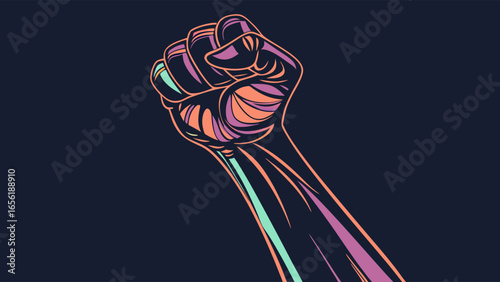 Colorful Raised Fist Illustration on Dark Background.