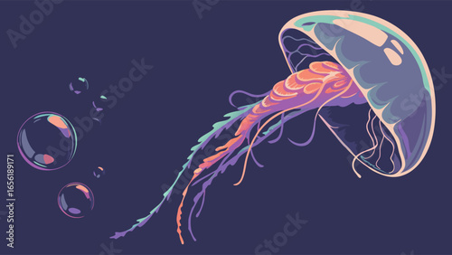 Colorful Stylized Jellyfish Floating in Deep Ocean.