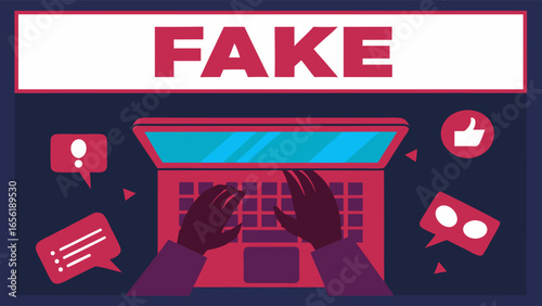 Hands Typing Fake News on Red Laptop.