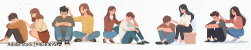 Minimalist Illustration of Supporting a Depressed Man with Comforting Friend Gesture