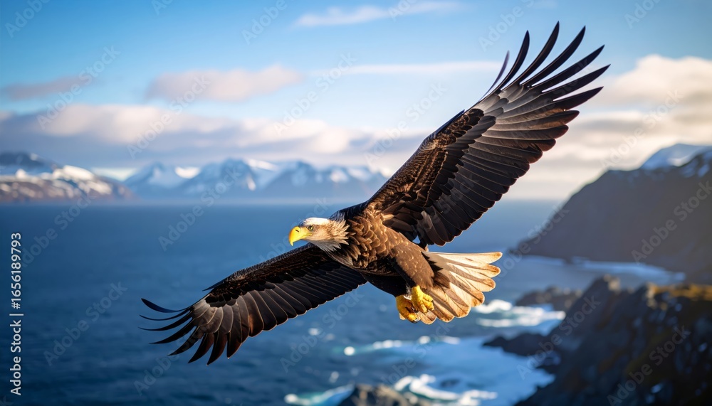 Obraz premium Sea Eagle soars over rocky coastline