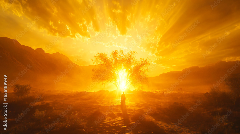 Fototapeta premium Dramatic biblical scene depicting moses facing a luminous burning bush ethereal golden light illuminates the desert landscape creating an aweinspiring atmosphere