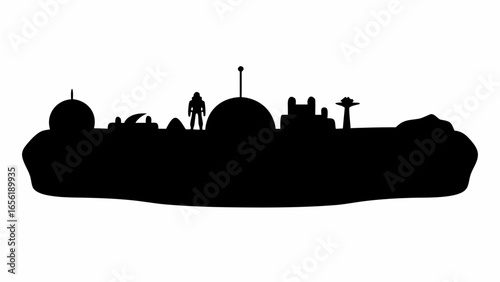 Silhouette of a futuristic city with domes, towers, and an astronaut standing on the skyline view
