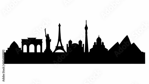 Silhouette of famous landmarks including the statue of liberty eiffel tower and egyptian pyramids view