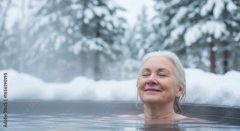 Fototapeta premium Senior woman with gray hair relaxing in a hot tub surrounded by snowy trees, enjoying a peaceful moment in nature, embodying tranquility and wellness in a winter setting