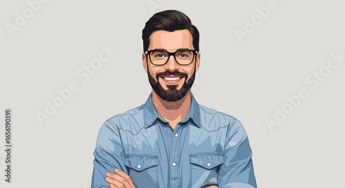 Portrait of a handsome young hipster man with a beard and glasses smiling confidently with arms crossed, a modern male avatar illustration.