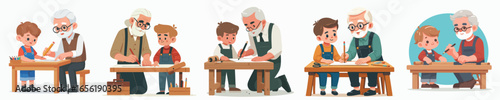 Cute Illustration of Grandfather Teaching Grandson Drawing at Desk Together Clipart