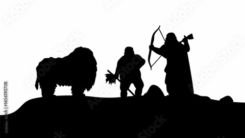 Silhouette of mammoth and two hunters one with bow and arrow and one with spear on a hill landscape