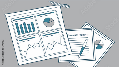Financial Reports and Data Analysis with Charts and Graphs Illustration.