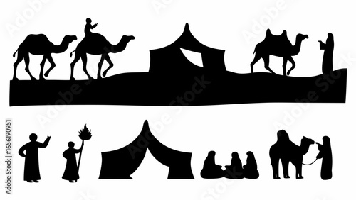 Silhouette of a desert caravan with camels, people, and tents in a black and white illustration