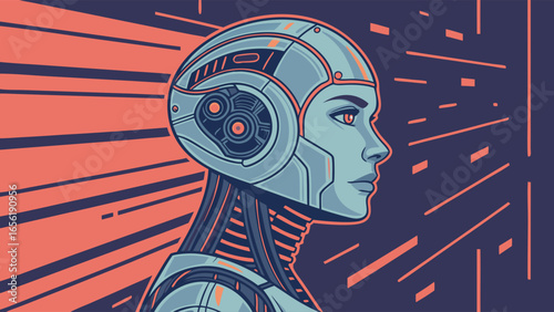 Futuristic Female Robot with Human Features and Metallic Armor.