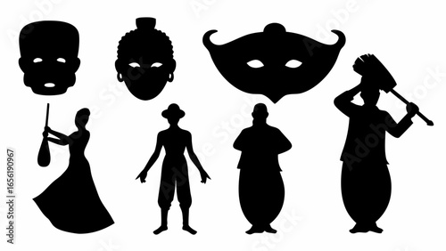 Illustration of various silhouetted figures including people with masks and cultural representations