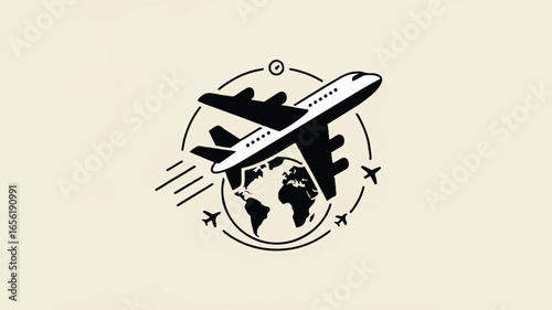 Global travel and tourism concept design featuring a plane circling the world icon perfect for airline or agency visuals