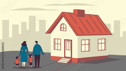 Illustration of a Family Standing in Front of a House with a Red Roof.