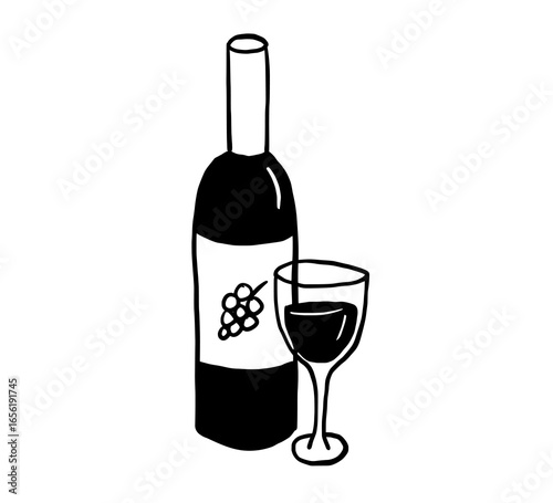 Wine and glass minimalist drawing. Mediterranean restaurant menu. Drink doodle, crayon illustration