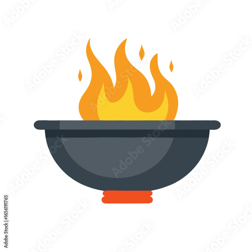 Grill pan with flames symbolizing cooking and outdoor barbecue  