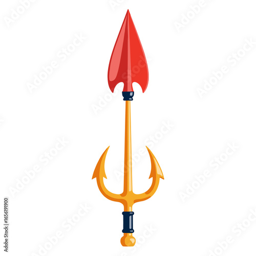 Red harpoon with a golden shaft and pointed tip design  