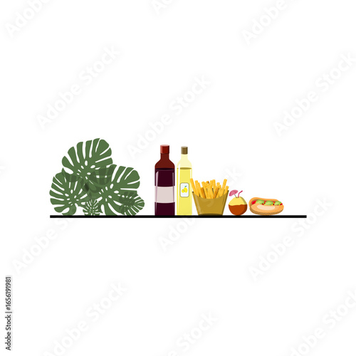Bottle of wine and snacks on the table with tropical concept Vector illustration
