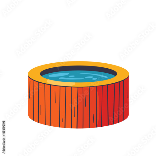 Circular wooden hot tub with blue water in colorful design  