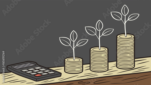 Growing Investment with Stacks of Coins and Calculator.