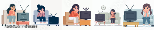 Flat Illustration of a Girl Watching an Old Television at Home