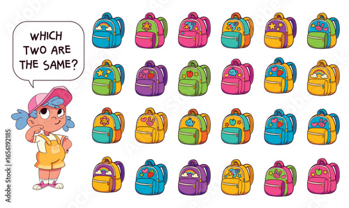 Fun visual puzzle for kids: find the two identical backpacks among many colorful ones. Great for attention, observation, and visual matching skills. Find the Match. Funny cartoon characters. Set