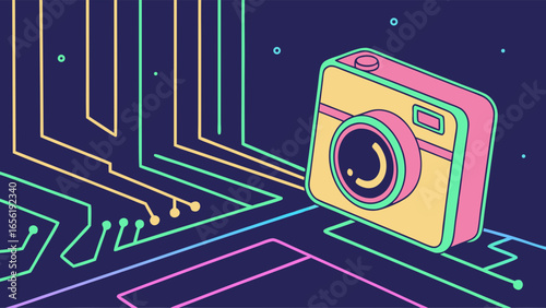Isometric Digital Camera with Retro Color Scheme.