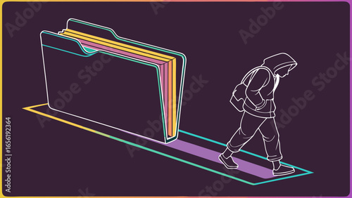 Hooded Figure Walking Towards a Large Data Folder.