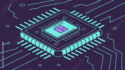 Isometric Illustration of a Microprocessor with Circuit Board Connections.
