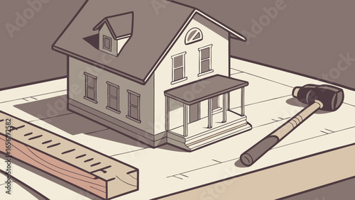 Illustrated House with Porch Windows and Dormer on Blueprint.