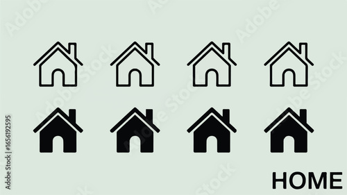Home Icon Set in Black and White Featuring Line Art and Solid Fill Variations for Modern Design