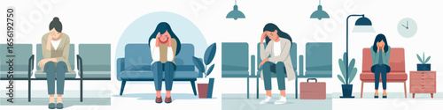 Flat Illustration Diverse Women Feeling Anxious in Waiting Room Scenarios