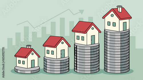Increasing House Values on Stacks of Coins.
