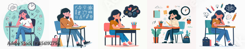 Flat Illustration Student at Desk with Study and Thought Bubbles Concept