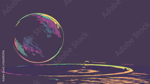 Iridescent Sphere Reflecting on Water Surface Abstract Illustration.