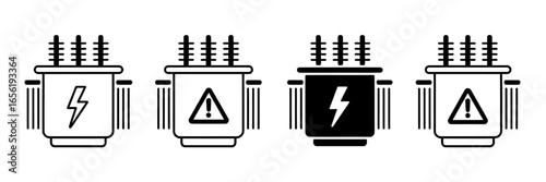 Electrical power transformer symbol set with lightning bolt and hazard warning signs for safety