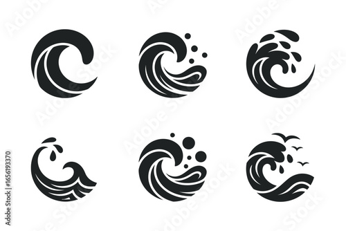 Collection of stylized wave icons for design inspiration and ocean-themed graphics in black style