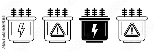 Electrical power transformer symbol set with lightning bolt and hazard warning signs for safety