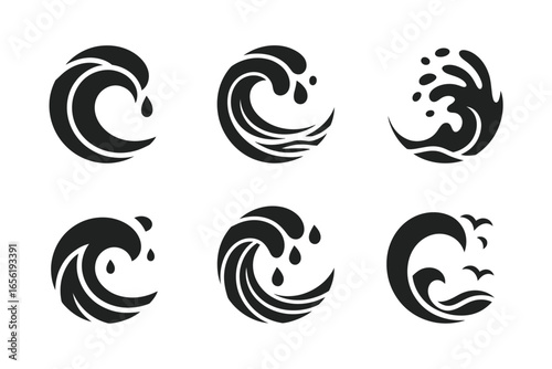 Collection of stylized wave icons for design inspiration and ocean-themed graphics in black style