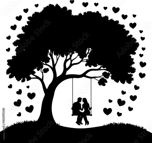one branch hangs a swing with two people sitting closely together in silhouette form